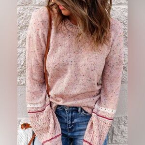 Chic Pink Speckled Sweater size Small eyelet crochet pattern sleeves slight poof